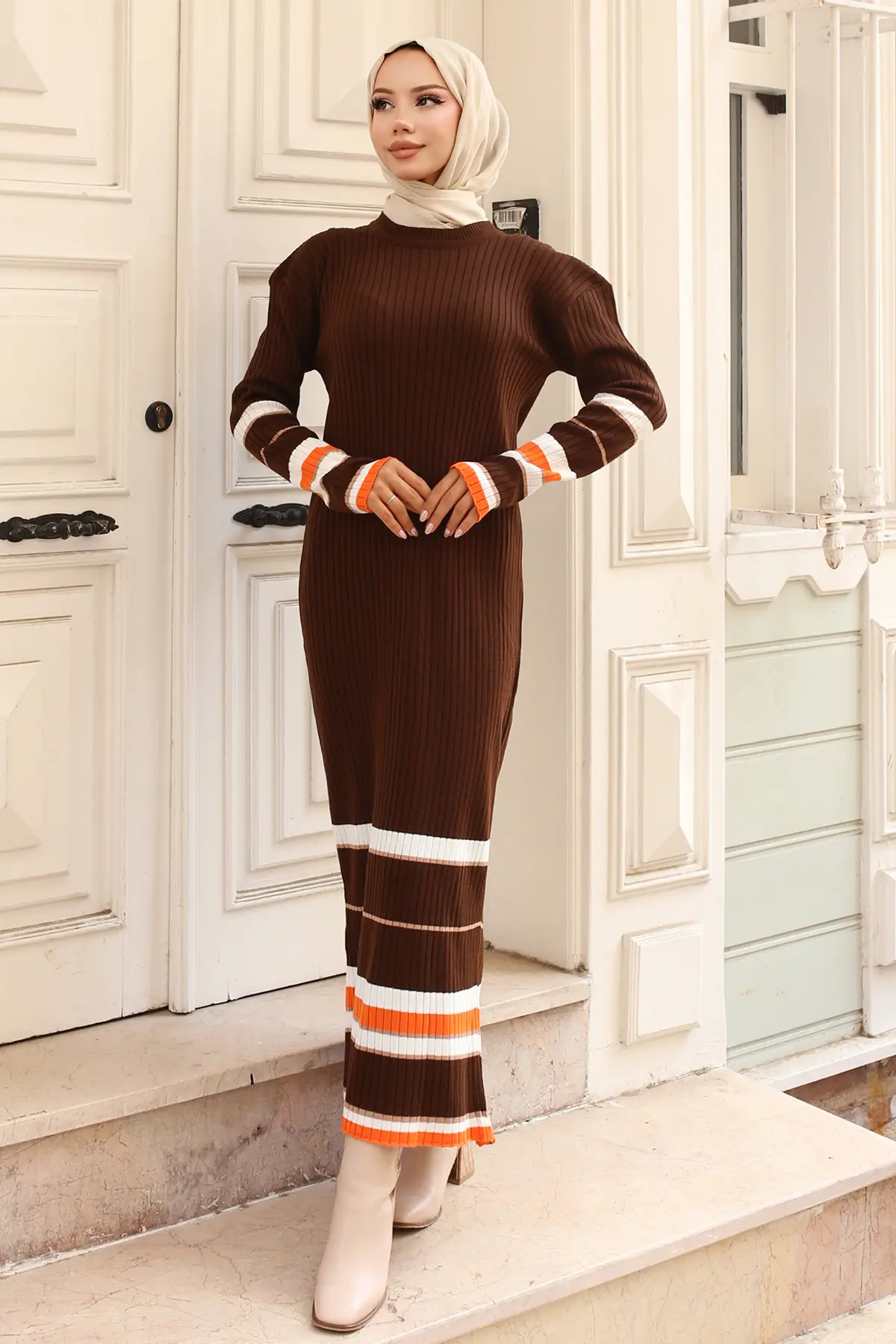 24206 Fitilli Çizgi Detaylı Triko Elbise Kahverengi-detail