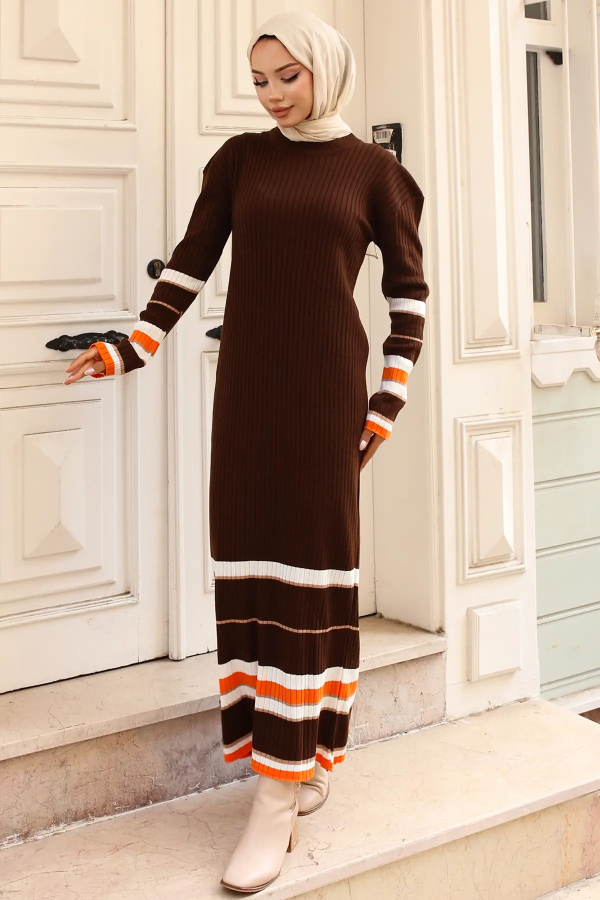 24206 Fitilli Çizgi Detaylı Triko Elbise Kahverengi-detail