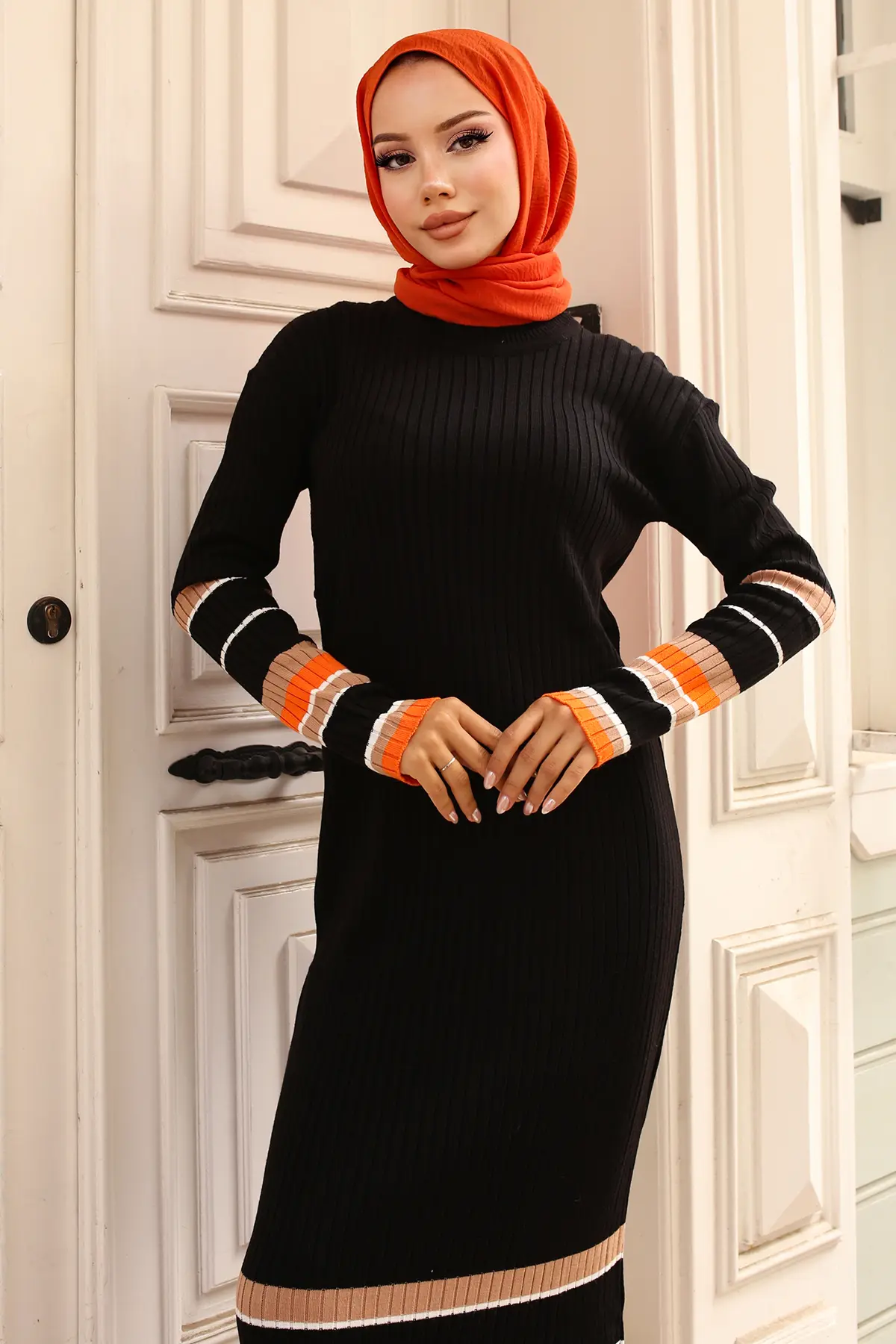 24206 Fitilli Çizgi Detaylı Triko Elbise Siyah-detail