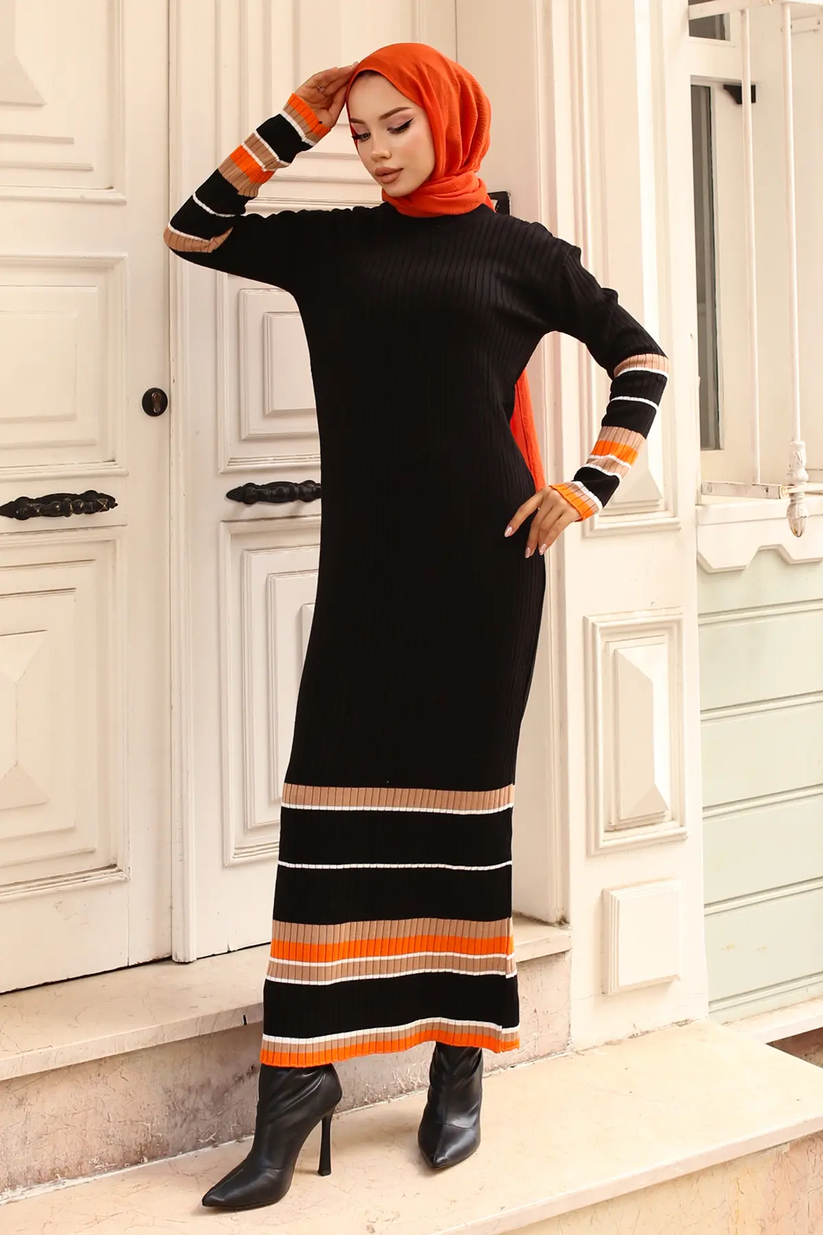 24206 Fitilli Çizgi Detaylı Triko Elbise Siyah-detail