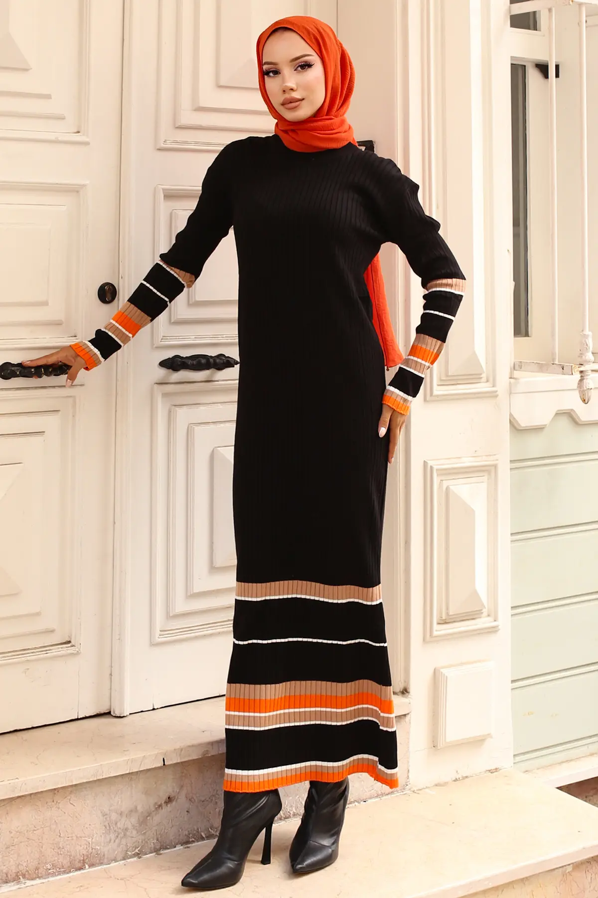 24206 Fitilli Çizgi Detaylı Triko Elbise Siyah-detail