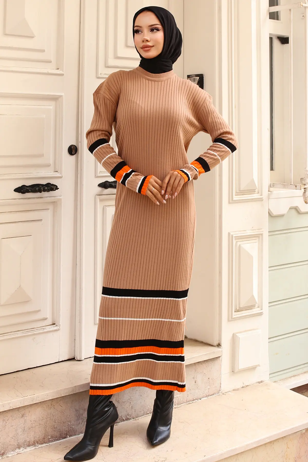 24206 Fitilli Çizgi Detaylı Triko Elbise Sütlü Kahve-detail