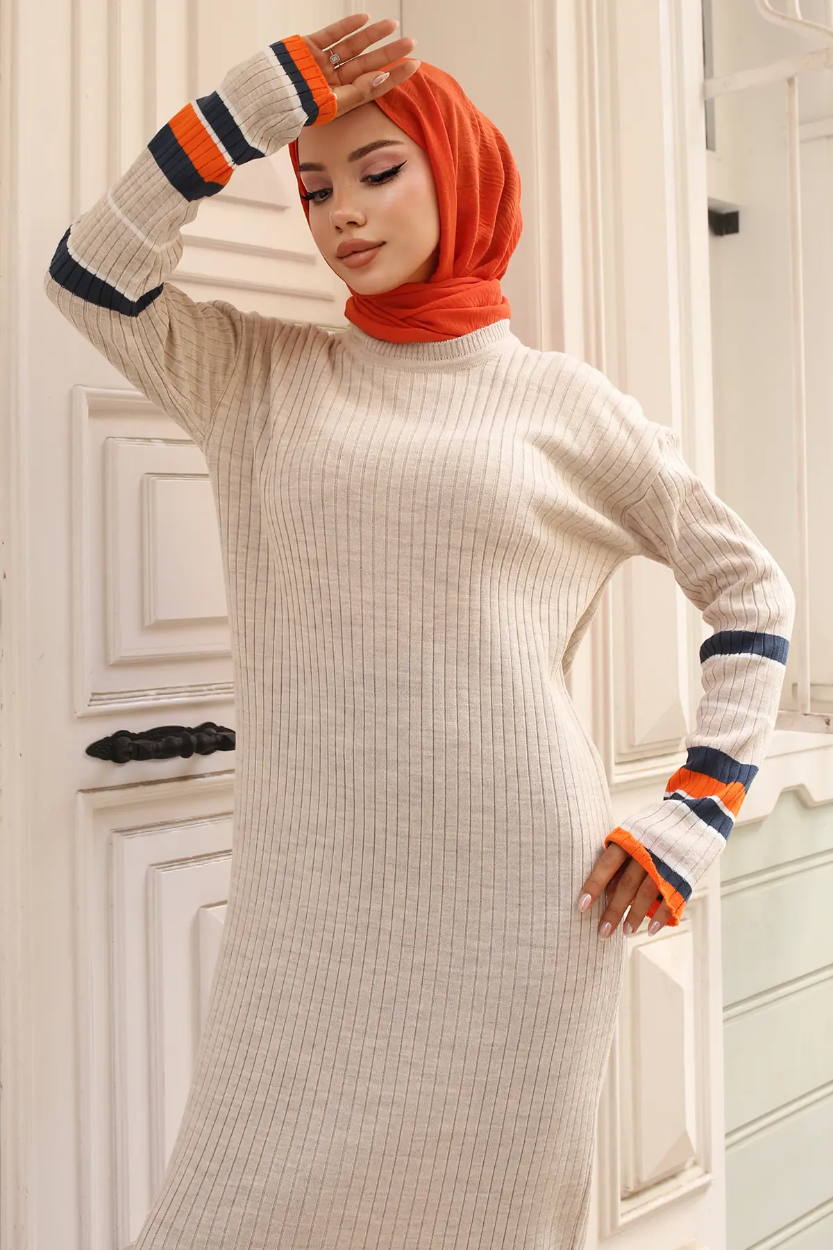 24206 Fitilli Çizgi Detaylı Triko Elbise Taş Rengi-detail