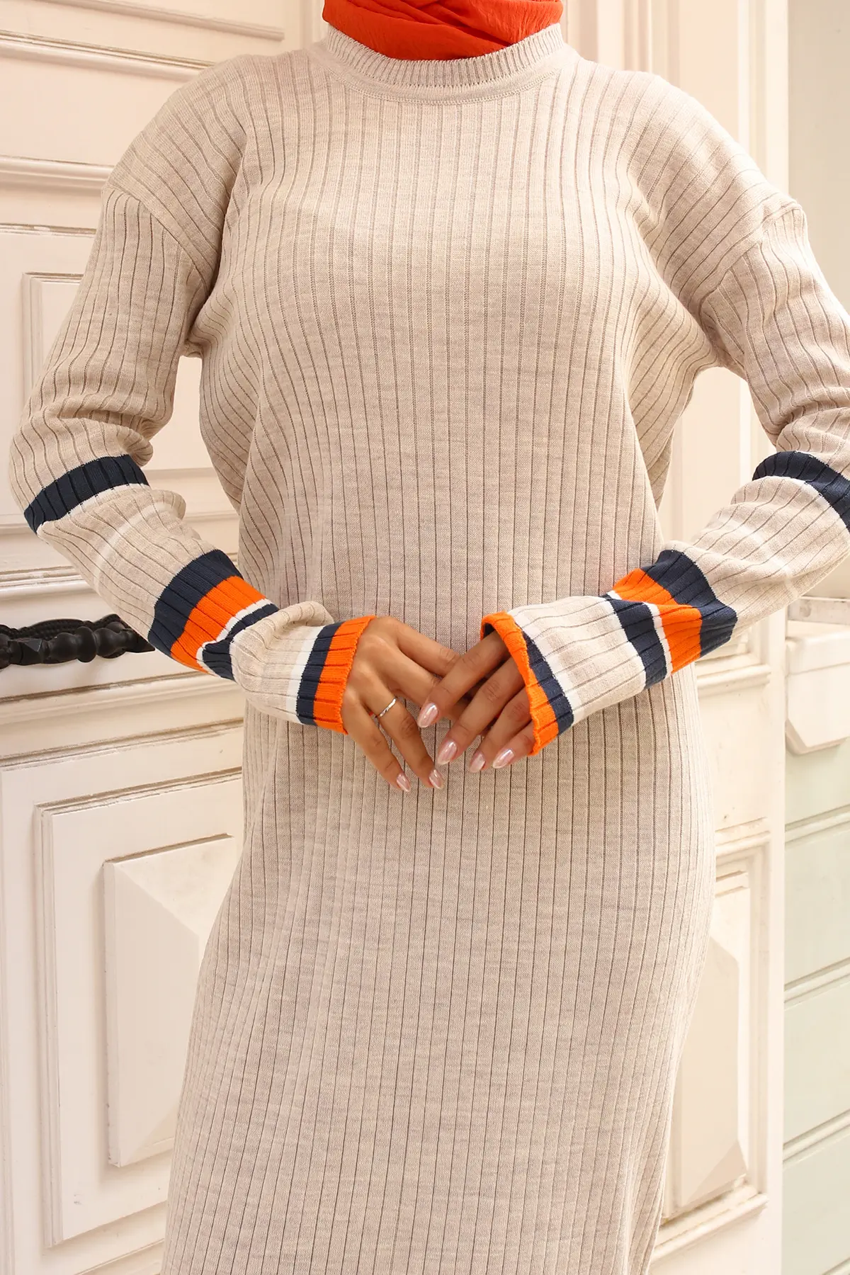 24206 Fitilli Çizgi Detaylı Triko Elbise Taş Rengi-detail