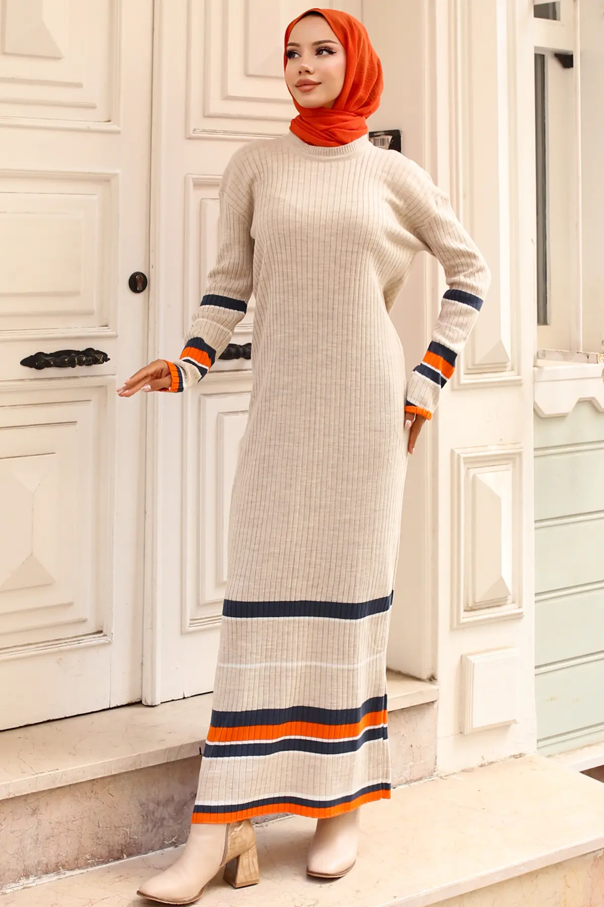 24206 Fitilli Çizgi Detaylı Triko Elbise Taş Rengi-detail