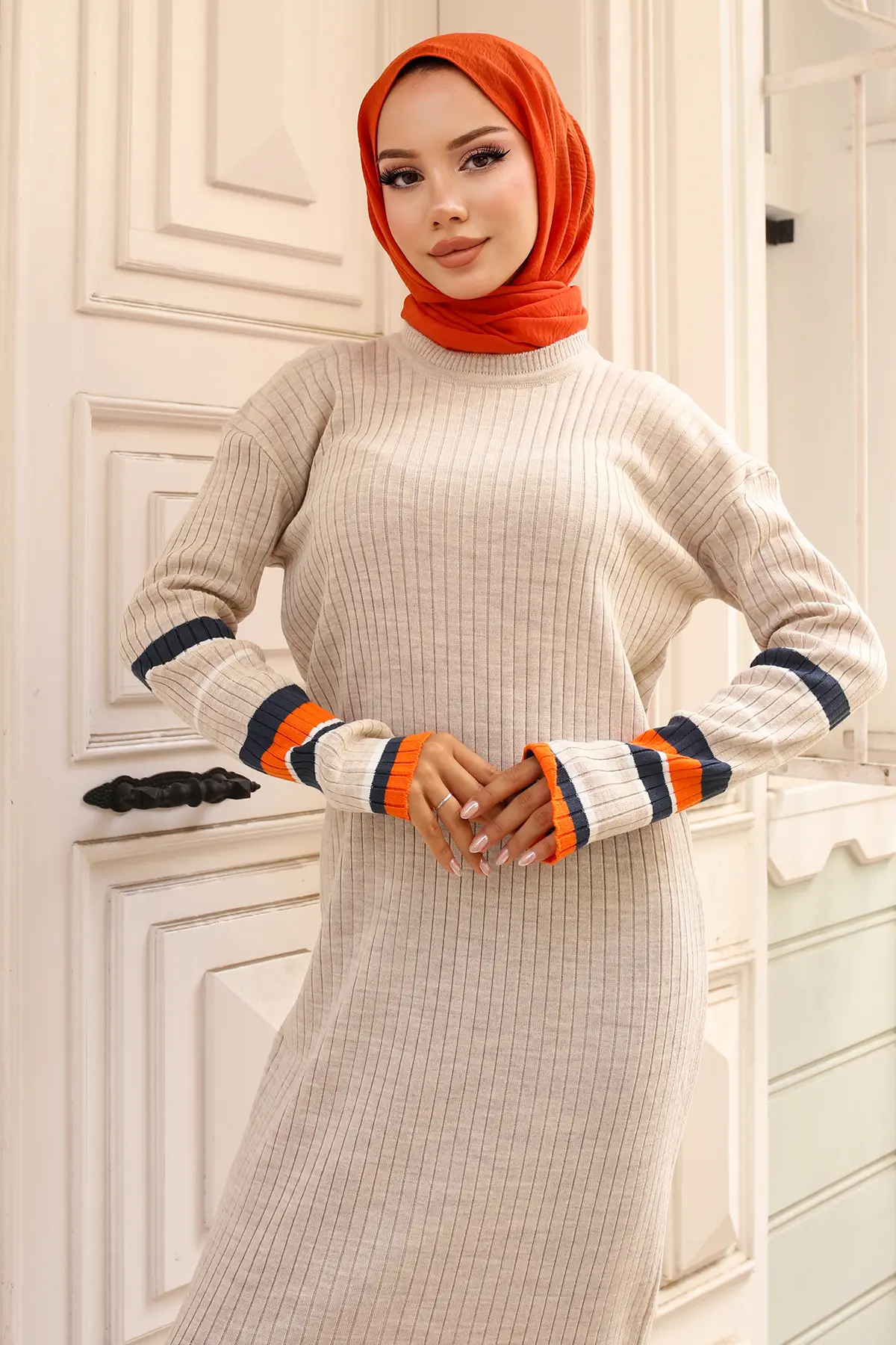 24206 Fitilli Çizgi Detaylı Triko Elbise Taş Rengi-detail