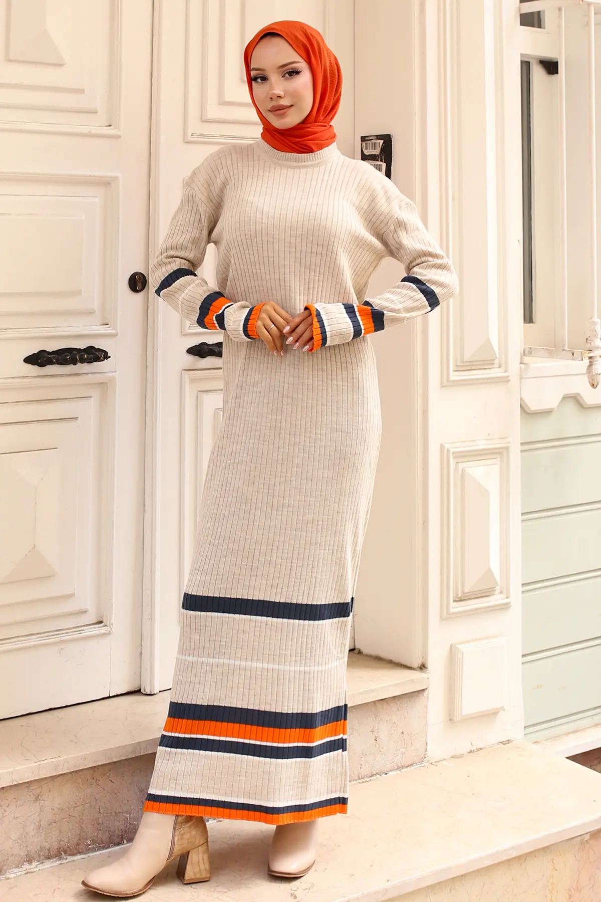 24206 Fitilli Çizgi Detaylı Triko Elbise Taş Rengi-detail