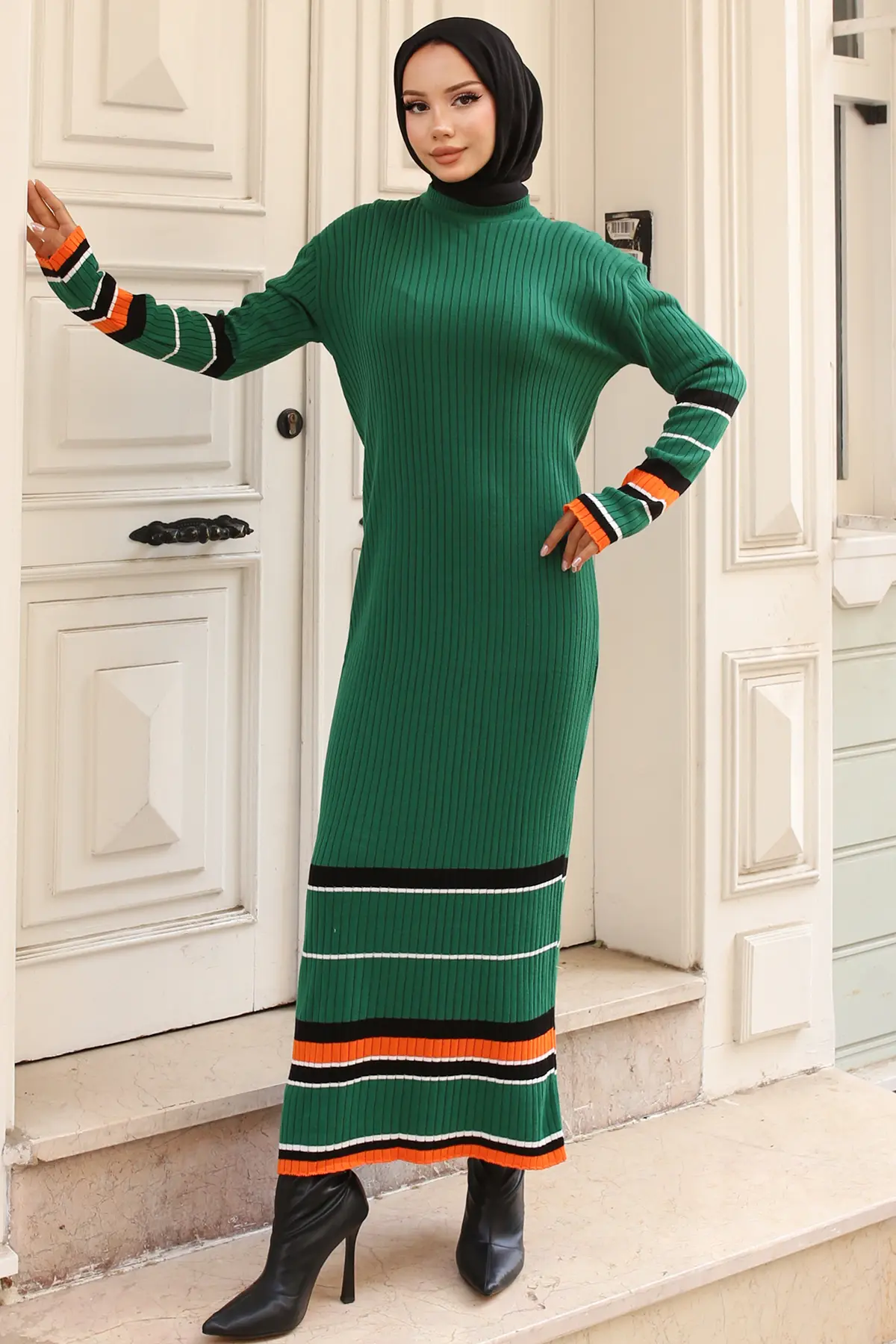 24206 Fitilli Çizgi Detaylı Triko Elbise Zümrüt Yeşili-detail