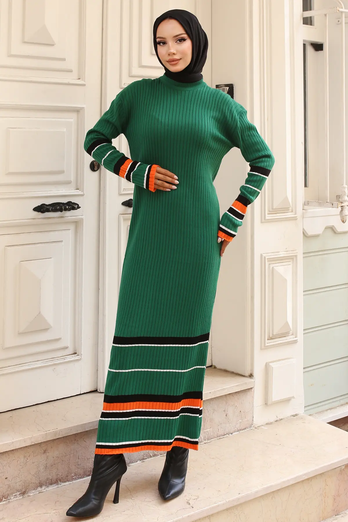 24206 Fitilli Çizgi Detaylı Triko Elbise Zümrüt Yeşili-detail