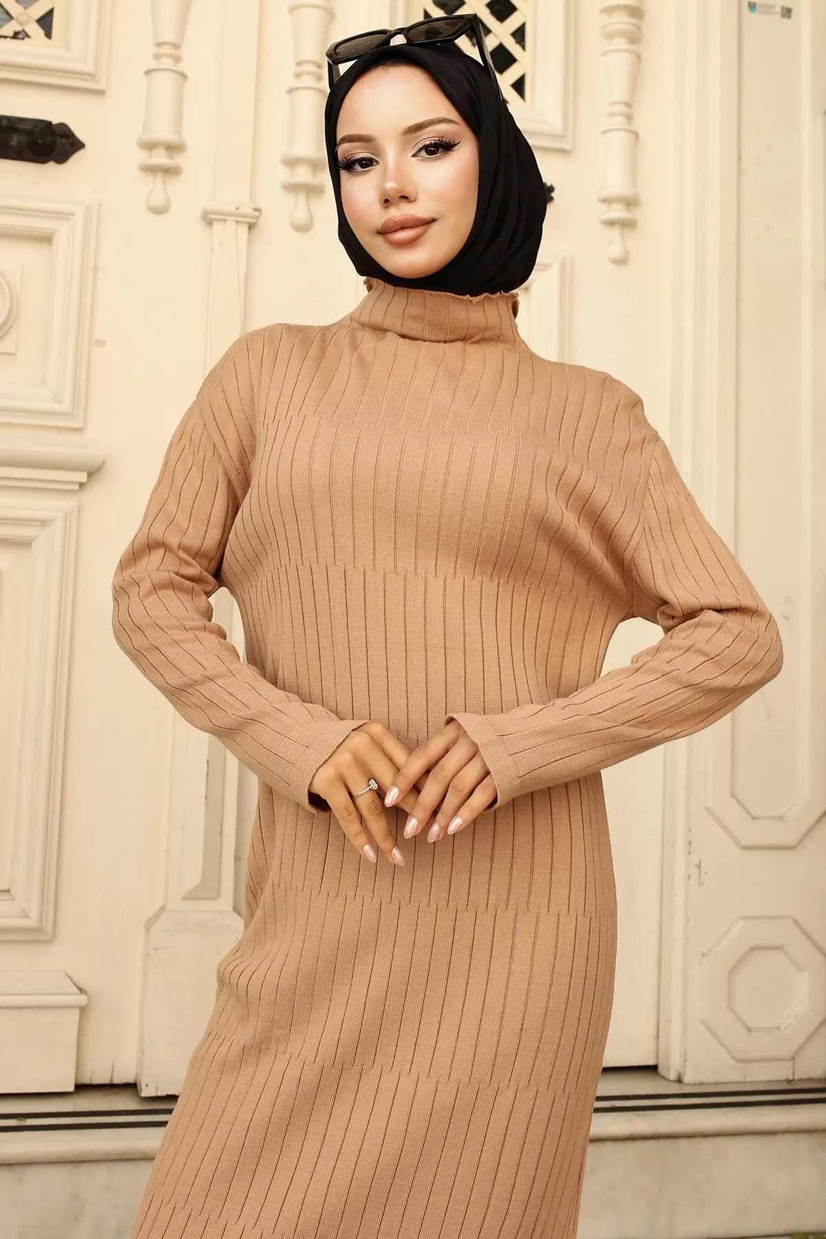 24207 Fitilli Triko Elbise Sütlü Kahve-detail