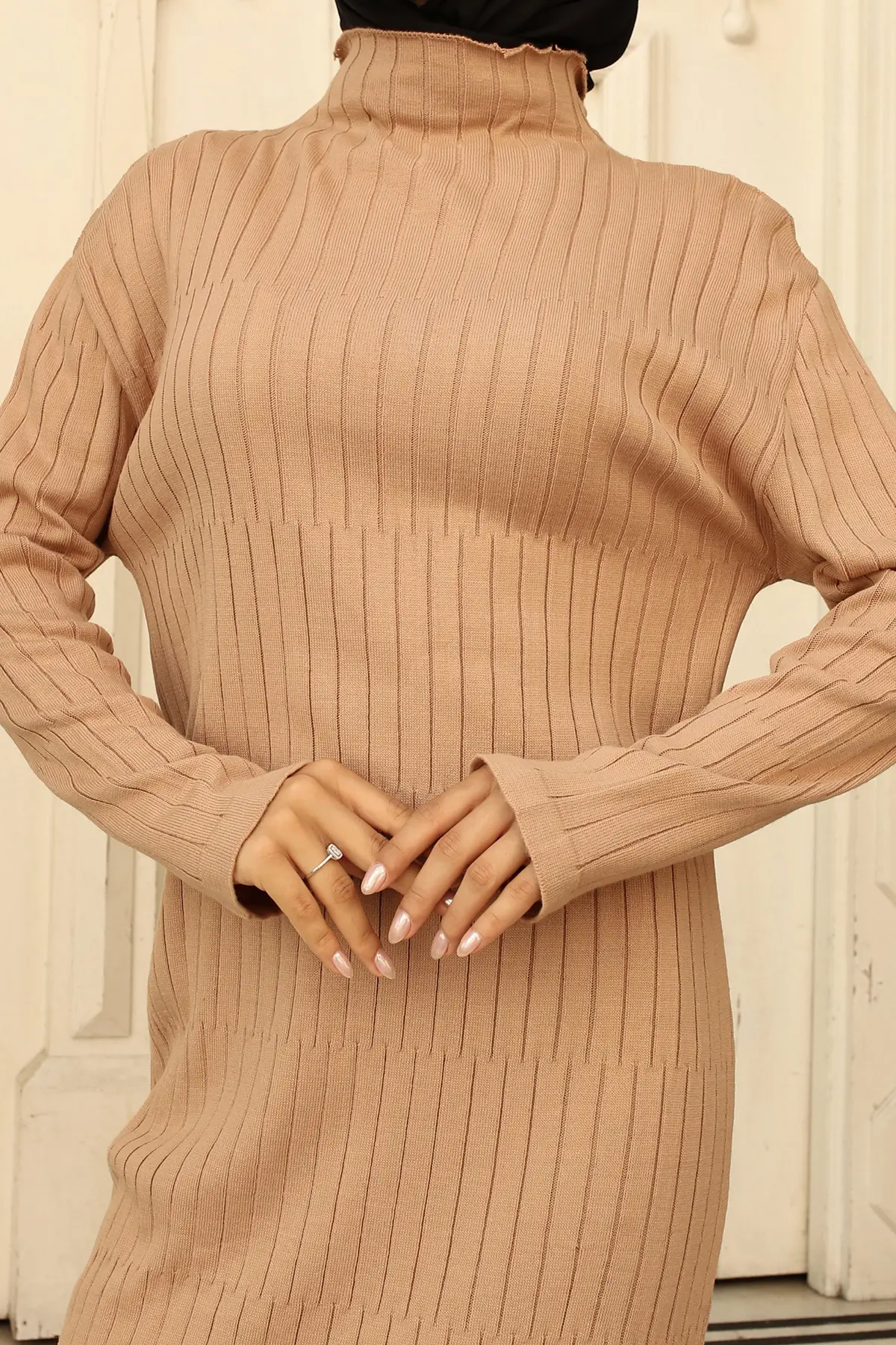 24207 Fitilli Triko Elbise Sütlü Kahve-detail