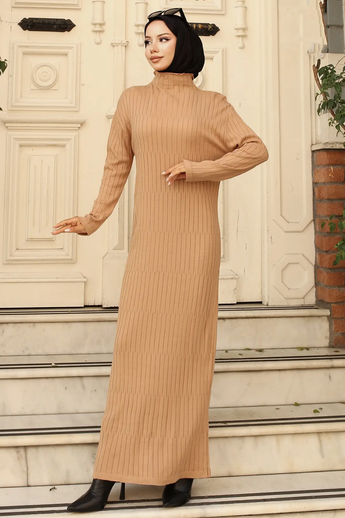 24207 Fitilli Triko Elbise Sütlü Kahve-detail