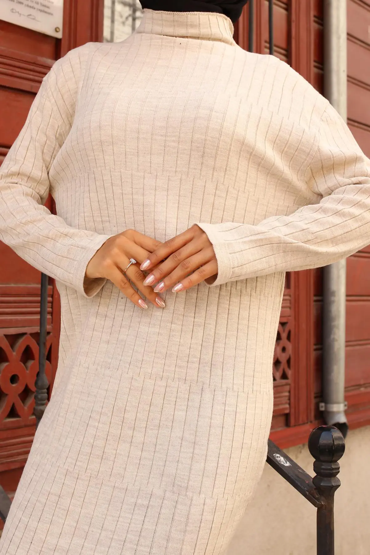 24207 Fitilli Triko Elbise Taş Rengi-detail