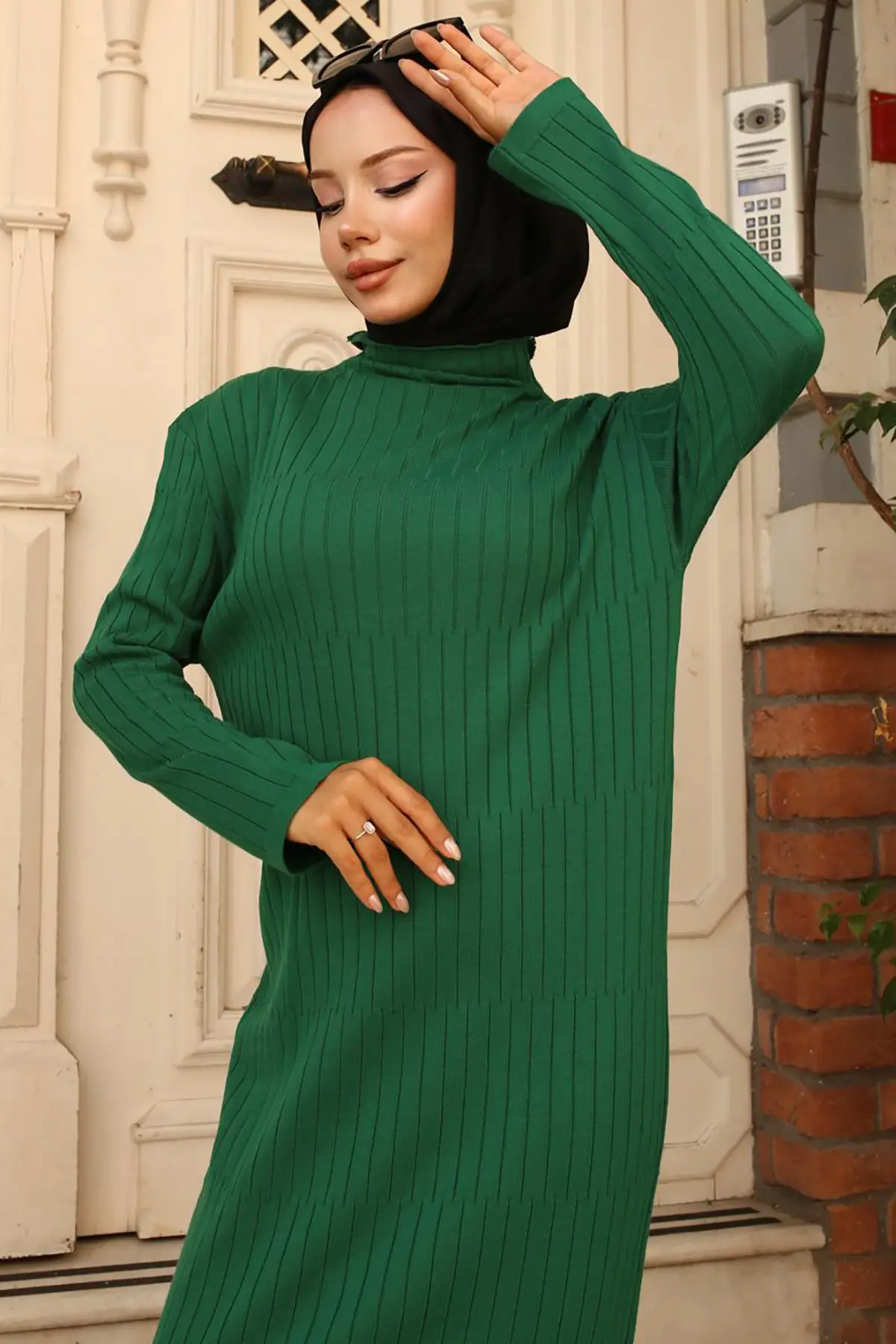 24207 Fitilli Triko Elbise Zümrüt Yeşili-detail