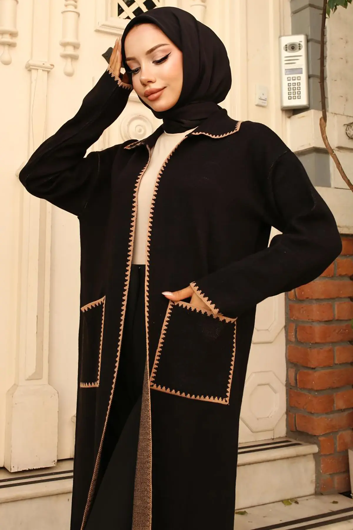 24405 Zikzak Detaylı Uzun Cepli Triko Hırka Siyah-detail