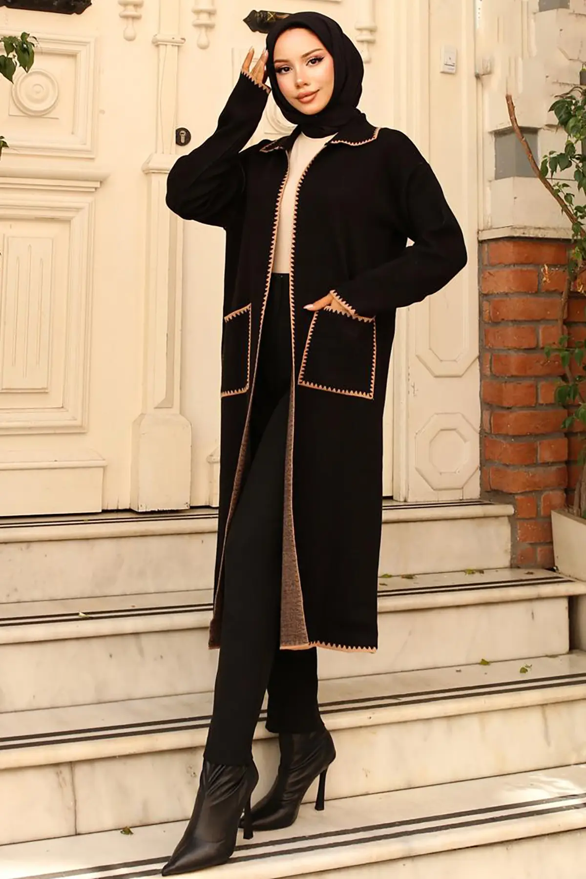 24405 Zikzak Detaylı Uzun Cepli Triko Hırka Siyah-detail