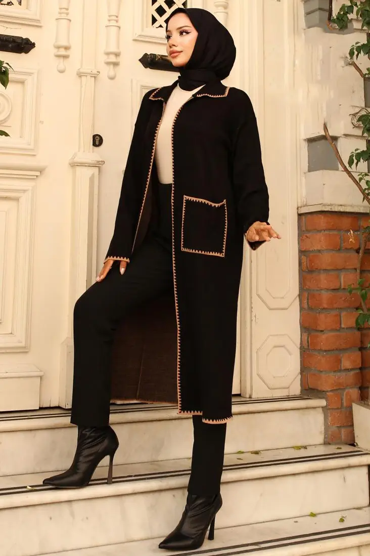 24405 Zikzak Detaylı Uzun Cepli Triko Hırka Siyah-detail