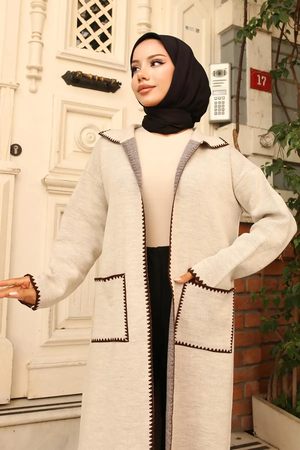 24405 Zikzak Detaylı Uzun Cepli Triko Hırka Taş Rengi-detail