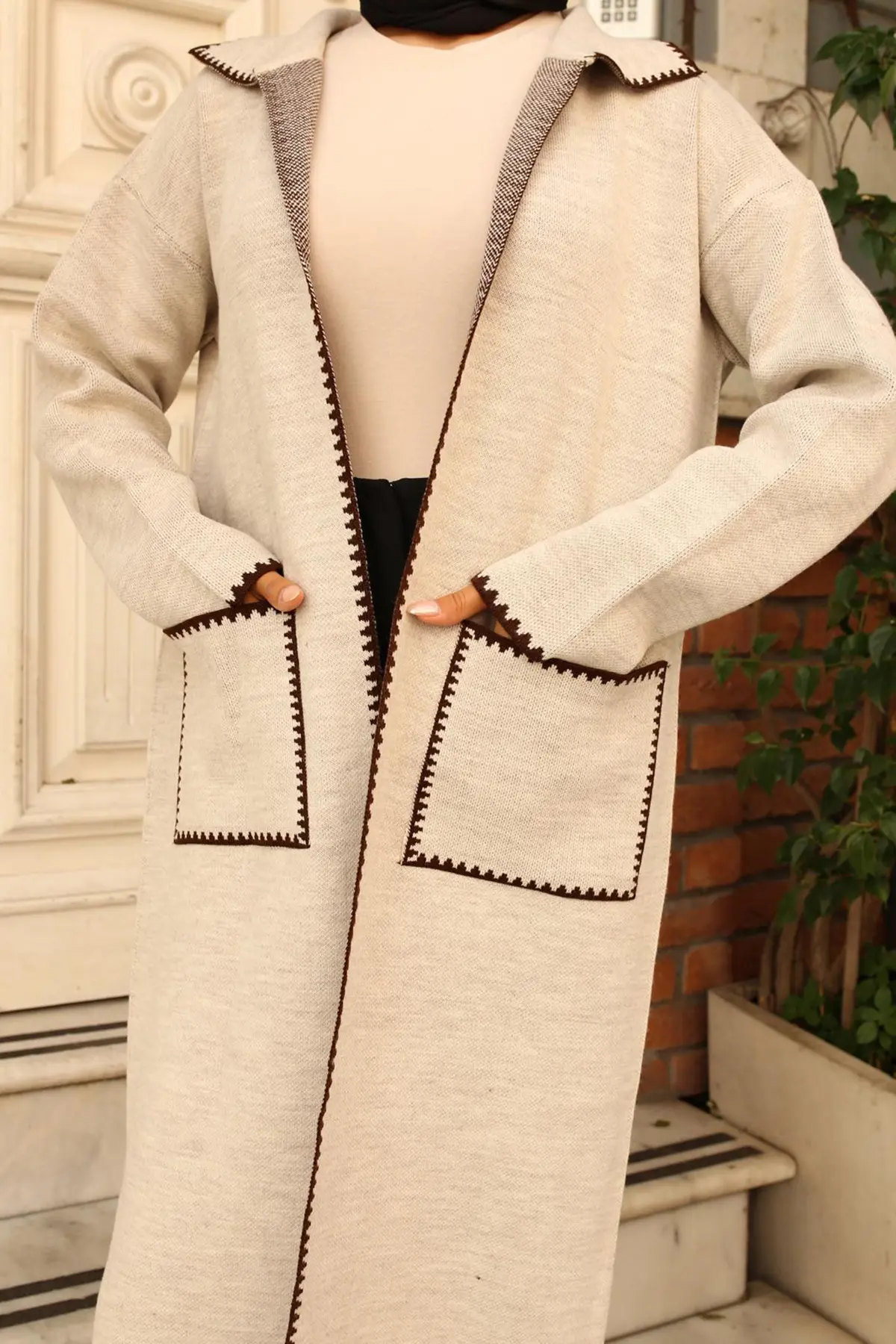 24405 Zikzak Detaylı Uzun Cepli Triko Hırka Taş Rengi-detail