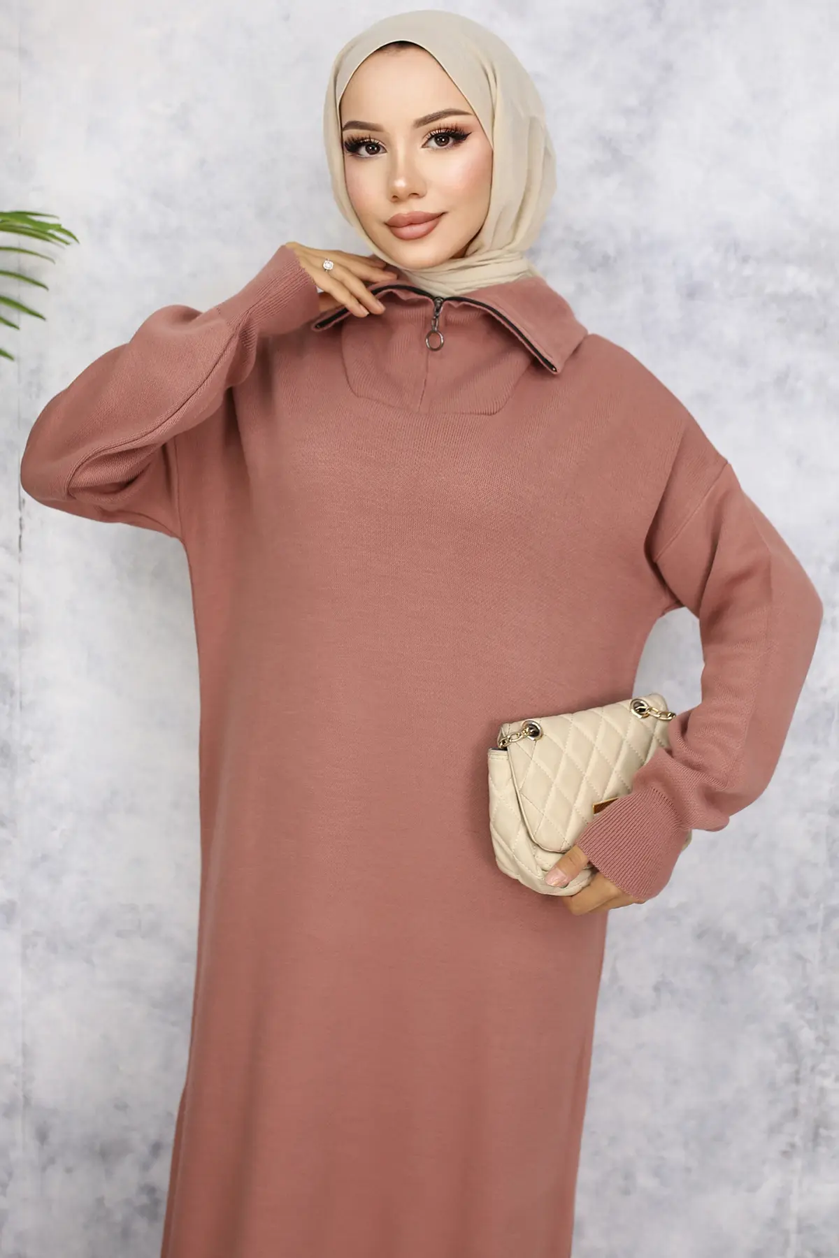 2441 Yakası Fermuarlı Triko Elbise Gül Kurusu-detail