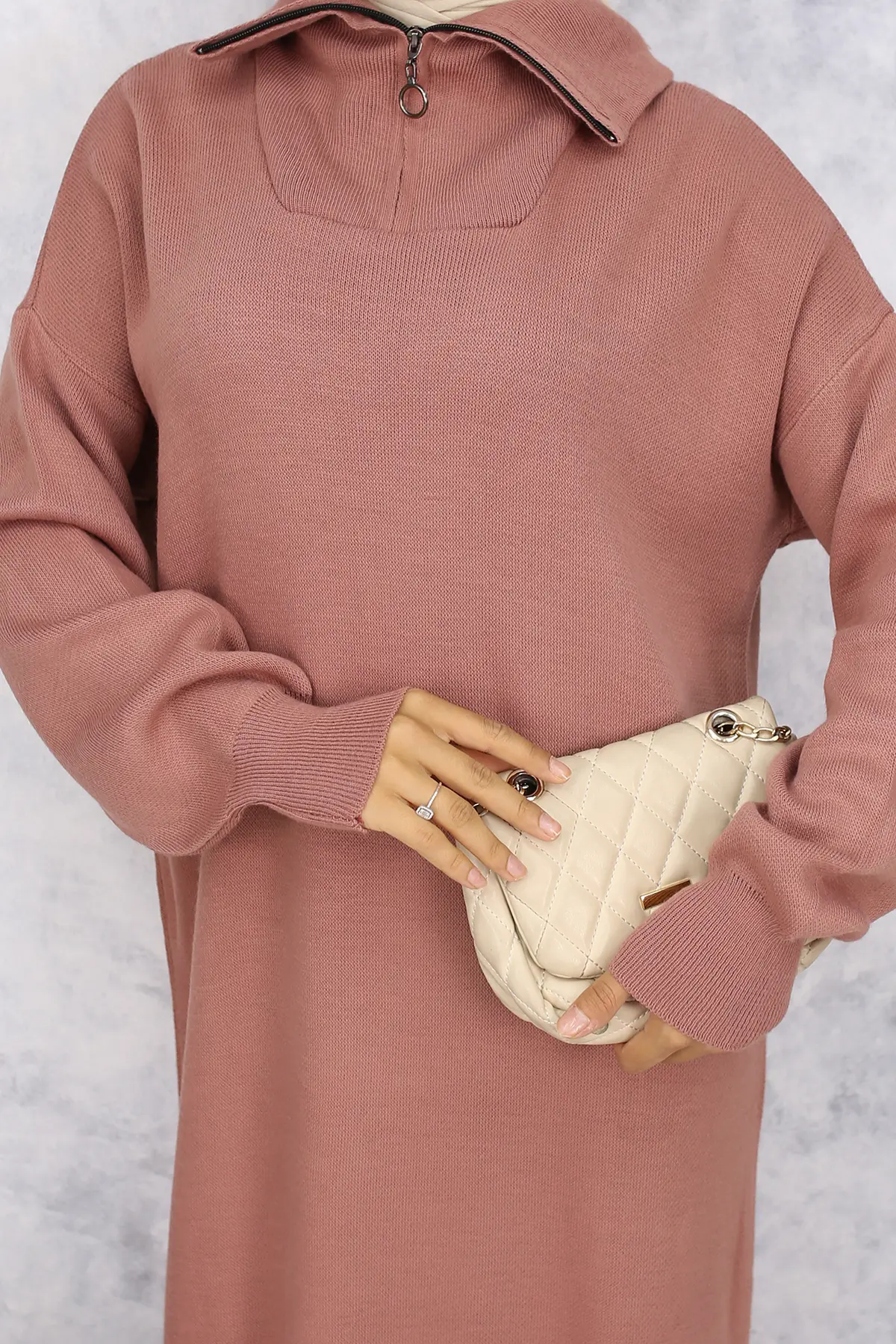 2441 Yakası Fermuarlı Triko Elbise Gül Kurusu-detail