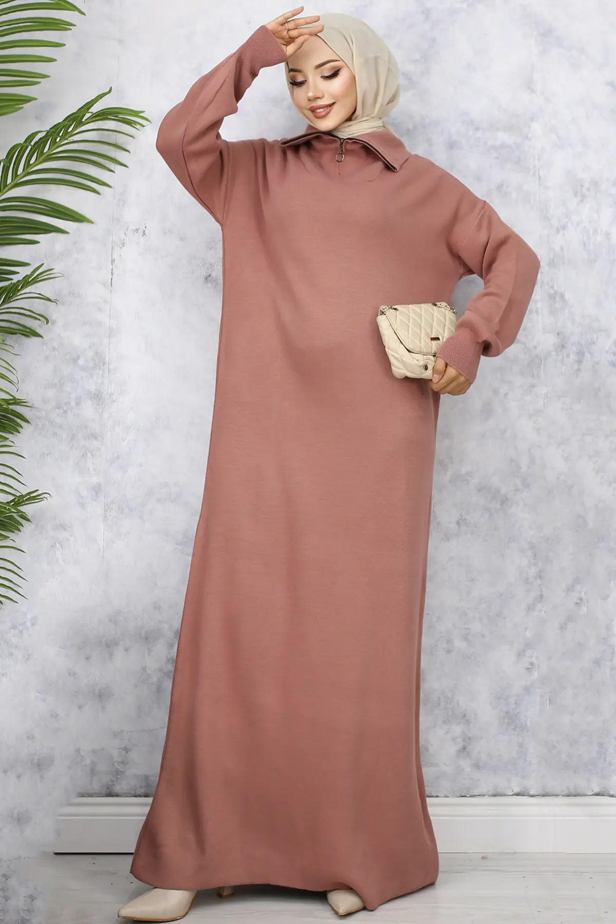 2441 Yakası Fermuarlı Triko Elbise Gül Kurusu-detail