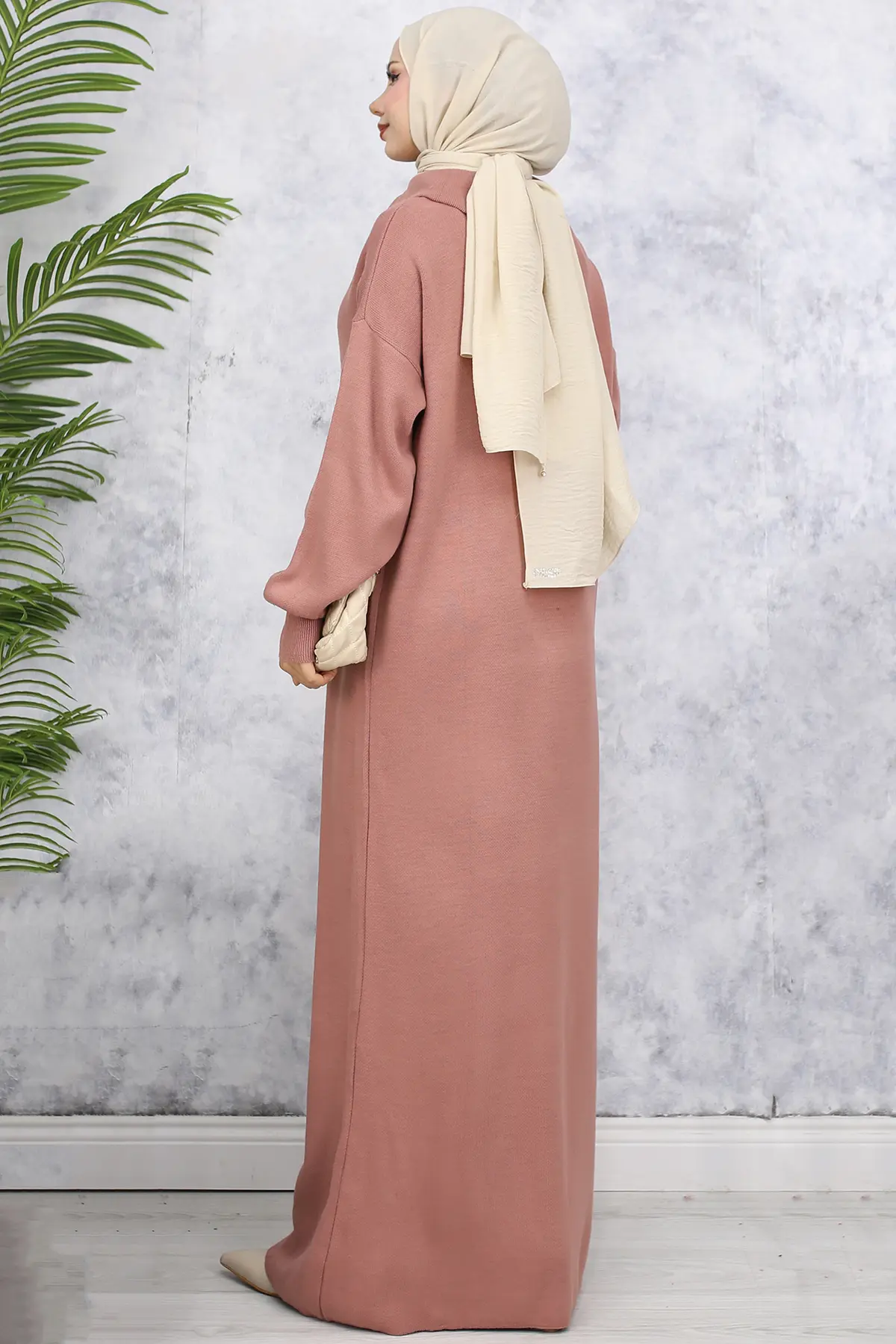 2441 Yakası Fermuarlı Triko Elbise Gül Kurusu-detail