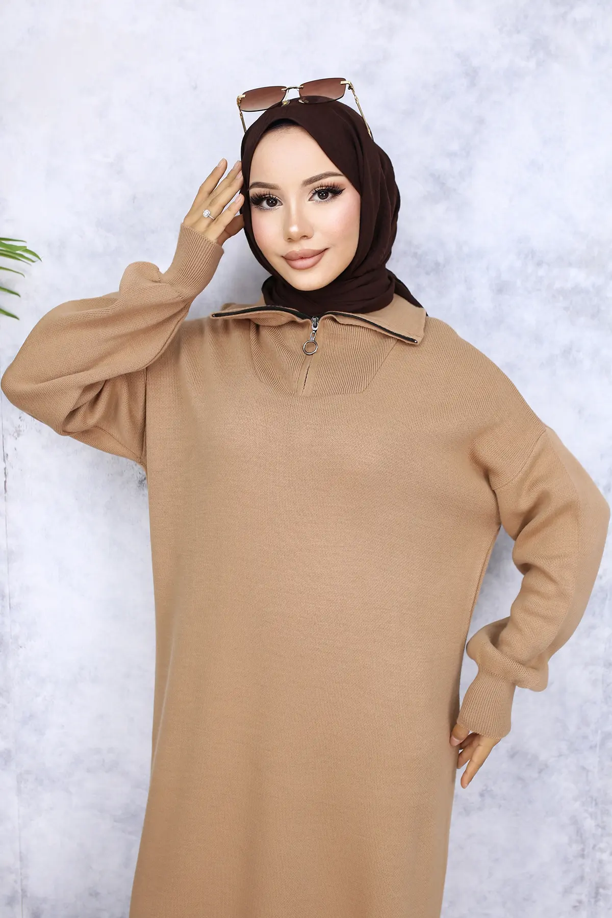 2441 Yakası Fermuarlı Triko Elbise Vizon-detail