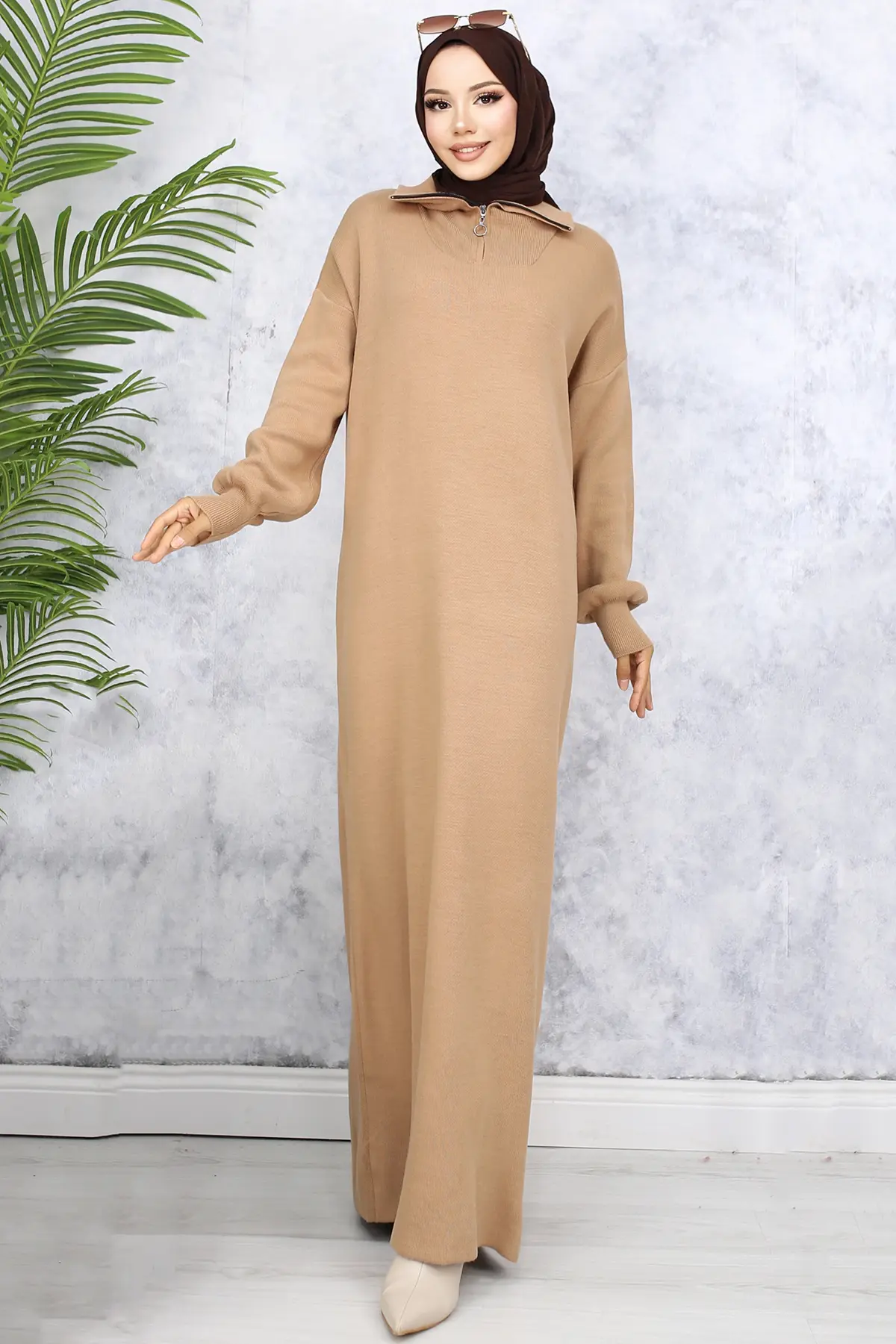 2441 Yakası Fermuarlı Triko Elbise Vizon-detail