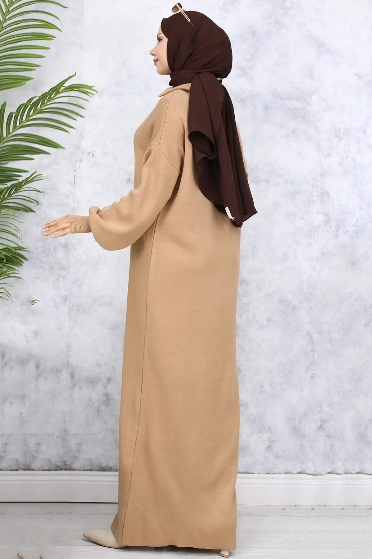 2441 Yakası Fermuarlı Triko Elbise Vizon-detail