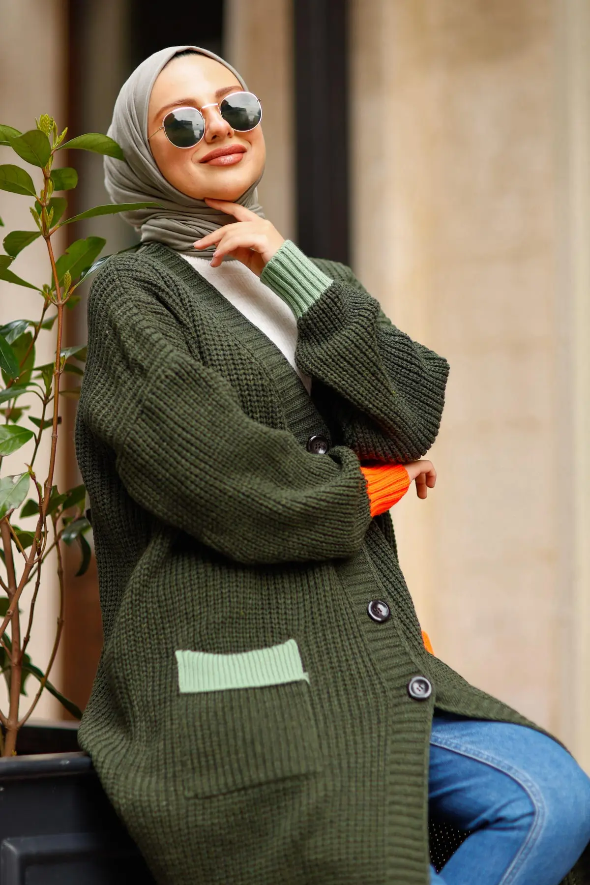 Khaki Pocket Knitwear Cardigan-detail