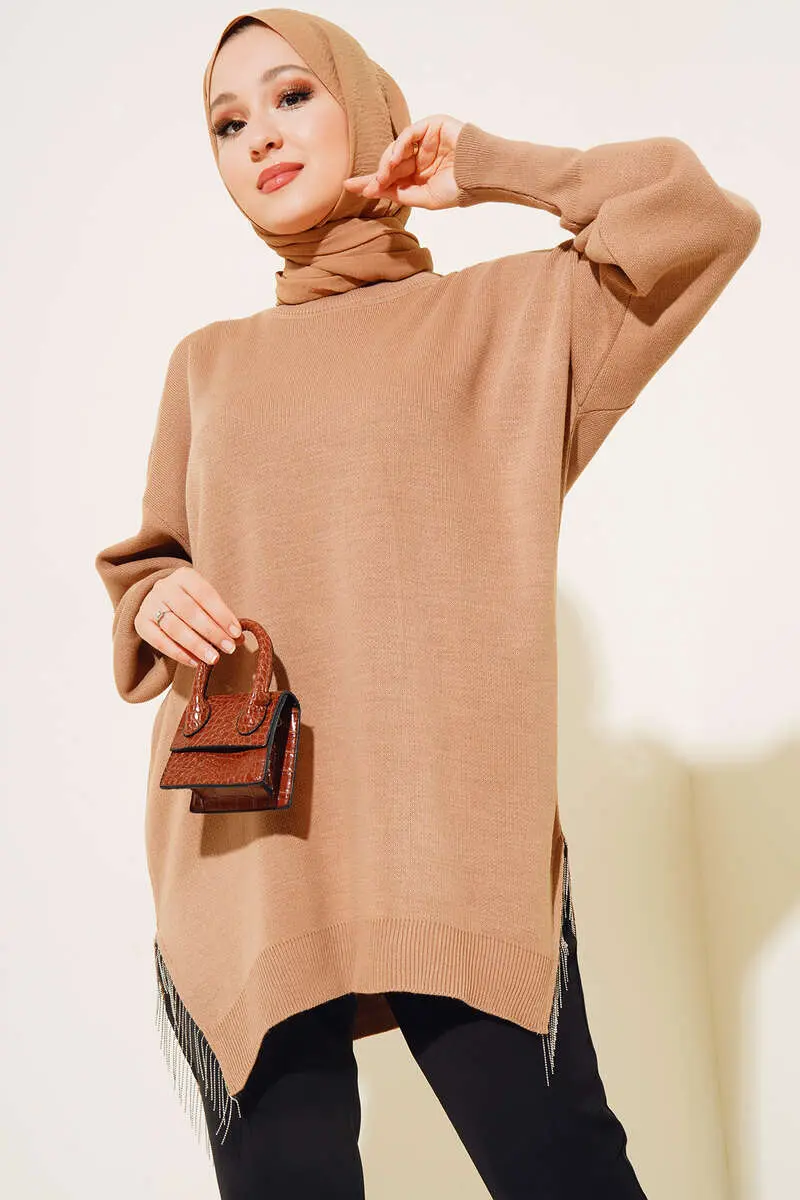 3009 Yırtmacı Zincir Püsküllü Triko Tunik Camel-detail