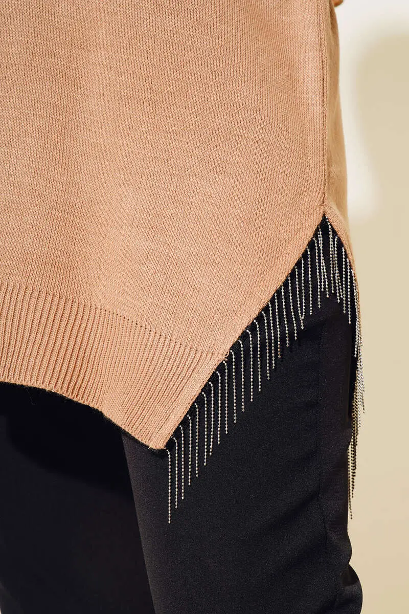 3009 Yırtmacı Zincir Püsküllü Triko Tunik Camel-detail