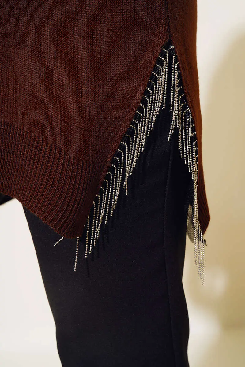 3009 Yırtmacı Zincir Püsküllü Triko Tunik Kahverengi-detail