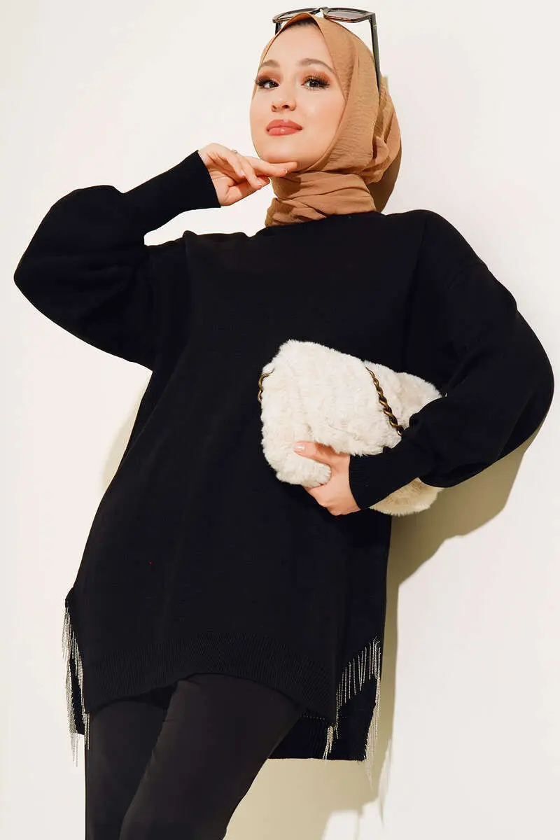 3009 Yırtmacı Zincir Püsküllü Triko Tunik Siyah-detail