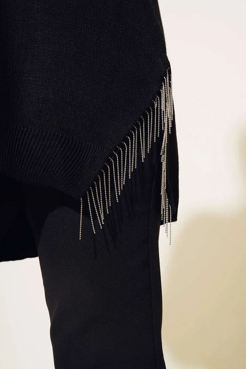 3009 Yırtmacı Zincir Püsküllü Triko Tunik Siyah-detail