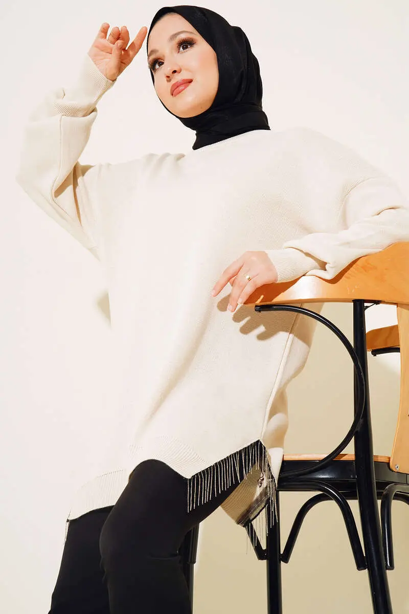 3009 Yırtmacı Zincir Püsküllü Triko Tunik Taş Rengi-detail