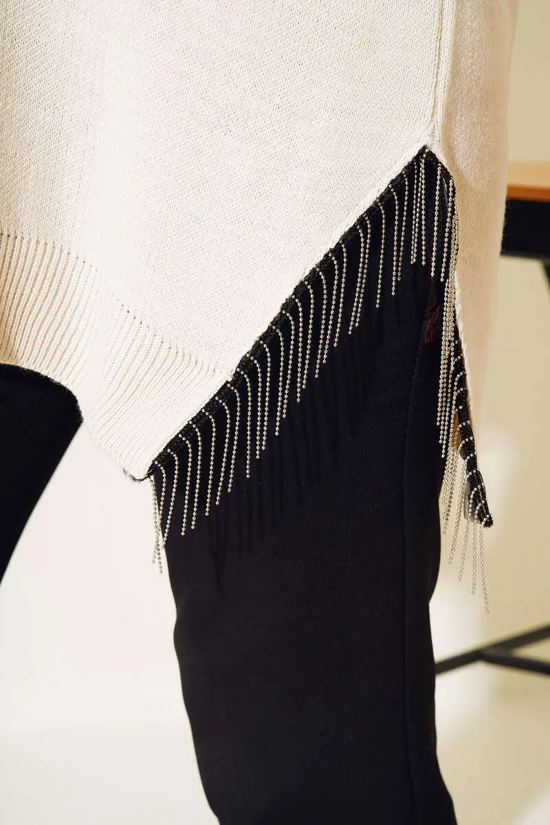 3009 Yırtmacı Zincir Püsküllü Triko Tunik Taş Rengi-detail