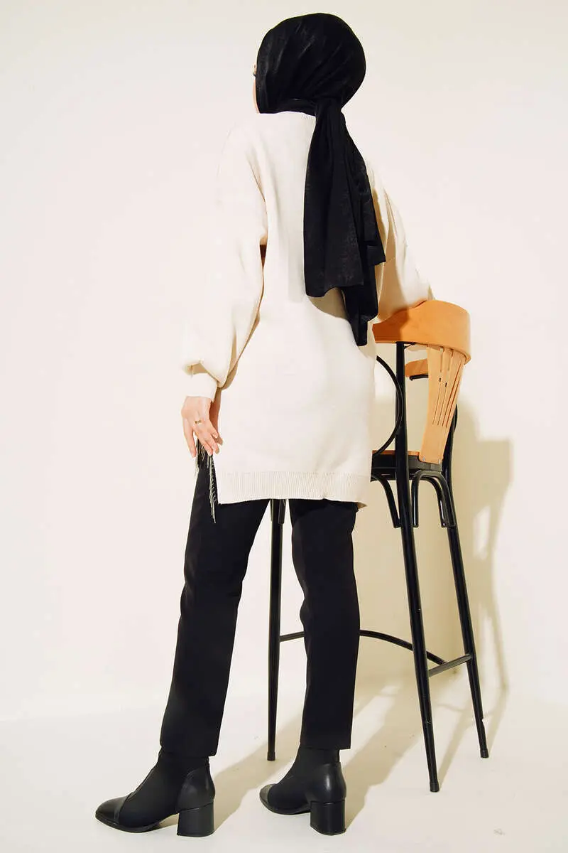 3009 Yırtmacı Zincir Püsküllü Triko Tunik Taş Rengi-detail