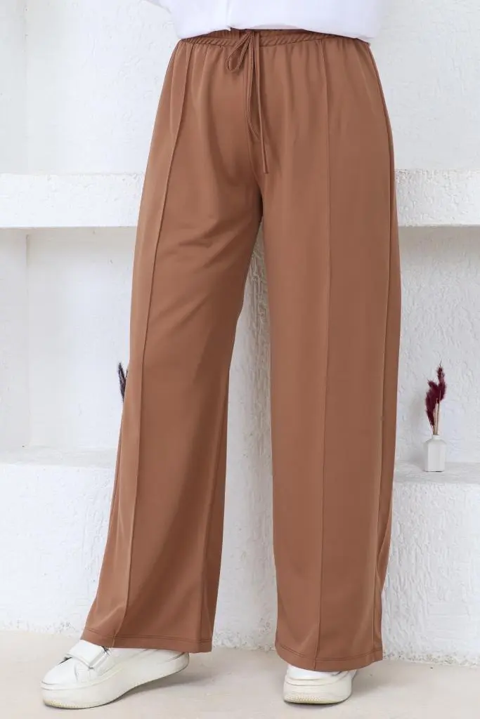 3042-1 Belli Lastikli Rahat Kesim Salaş Pantalon Kahverengi-detail