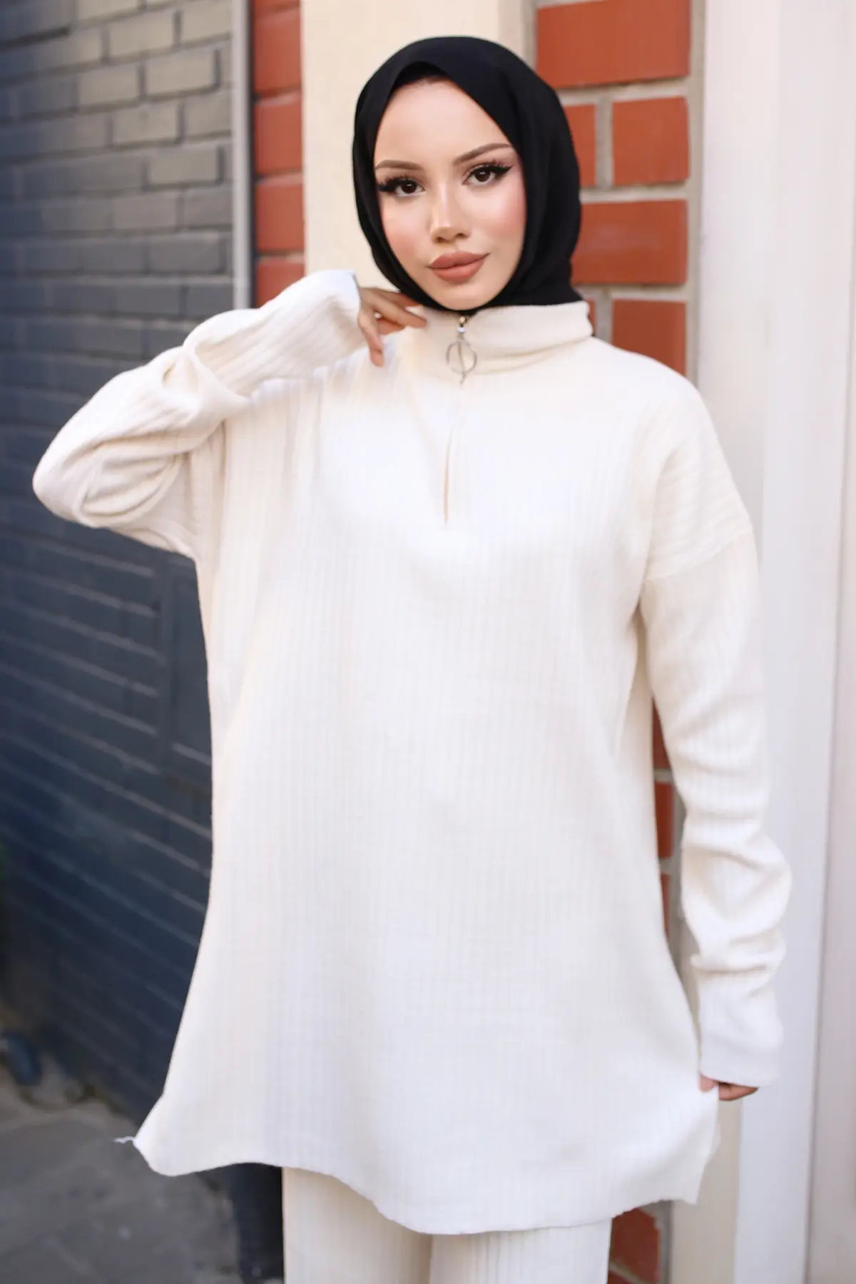 3062 Fermuar Detaylı Fitilli Triko Takım Ekru-detail