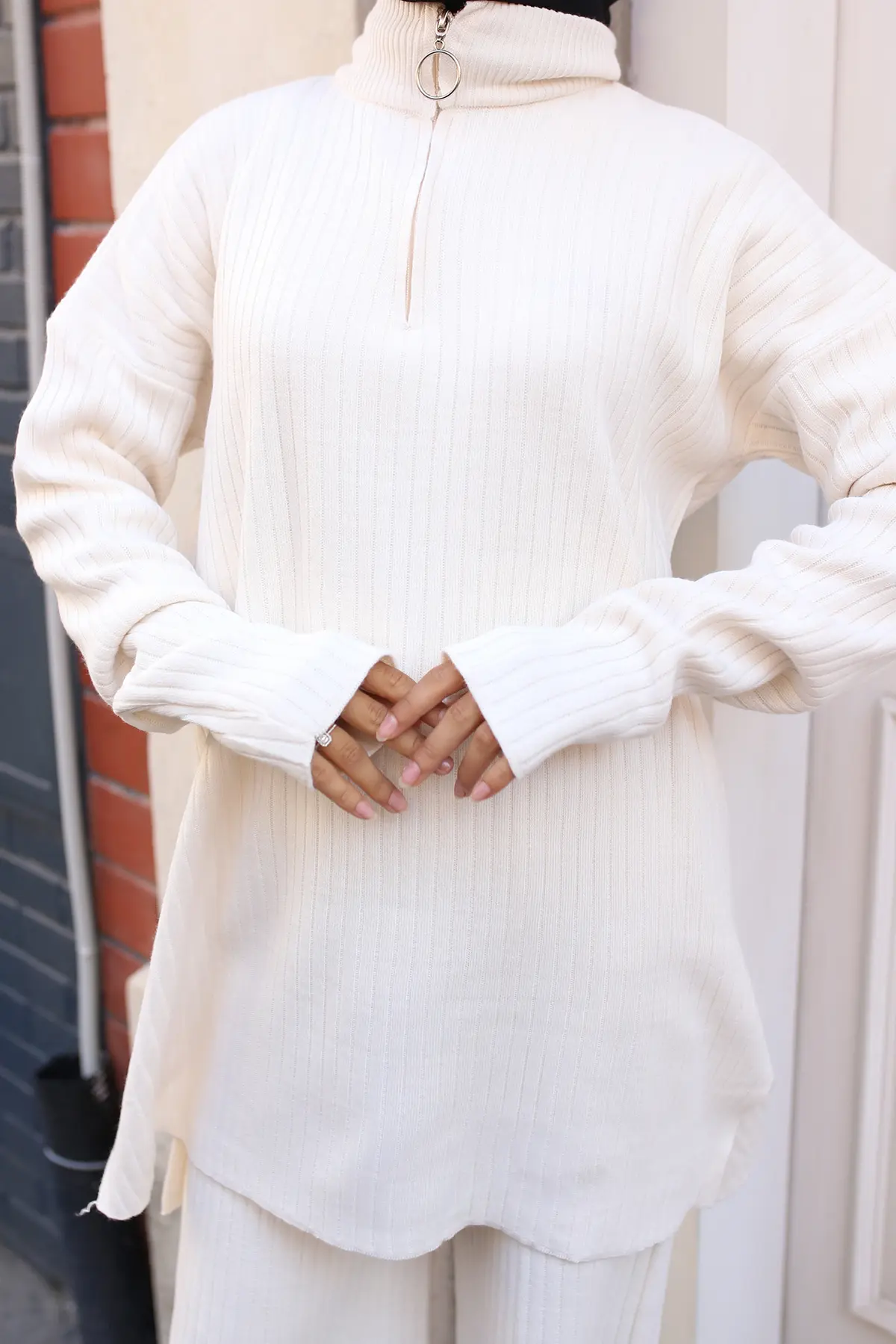 3062 Fermuar Detaylı Fitilli Triko Takım Ekru-detail