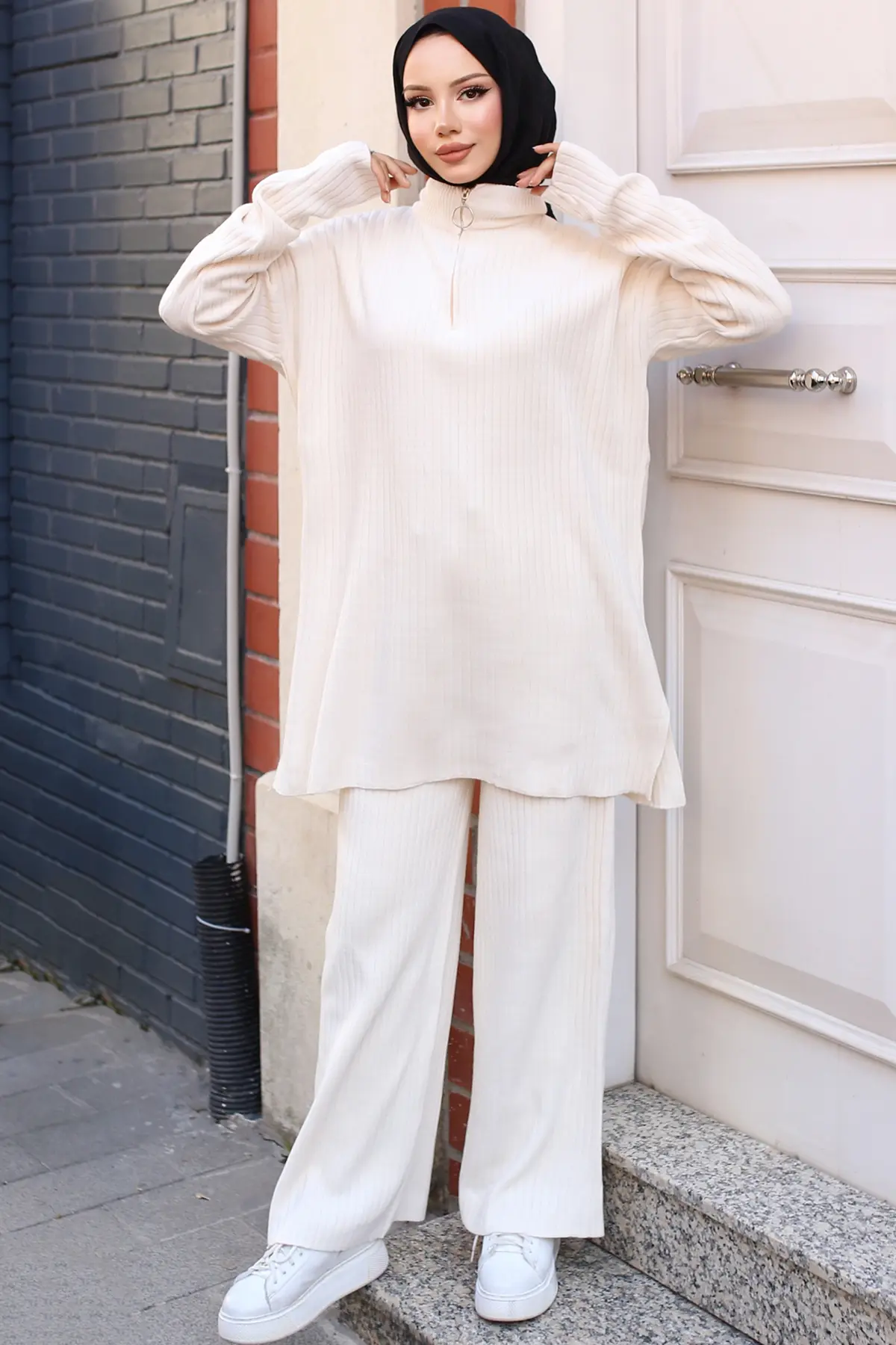 3062 Fermuar Detaylı Fitilli Triko Takım Ekru-detail