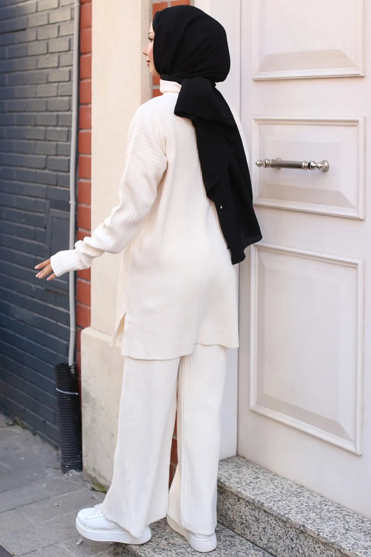 3062 Fermuar Detaylı Fitilli Triko Takım Ekru-detail