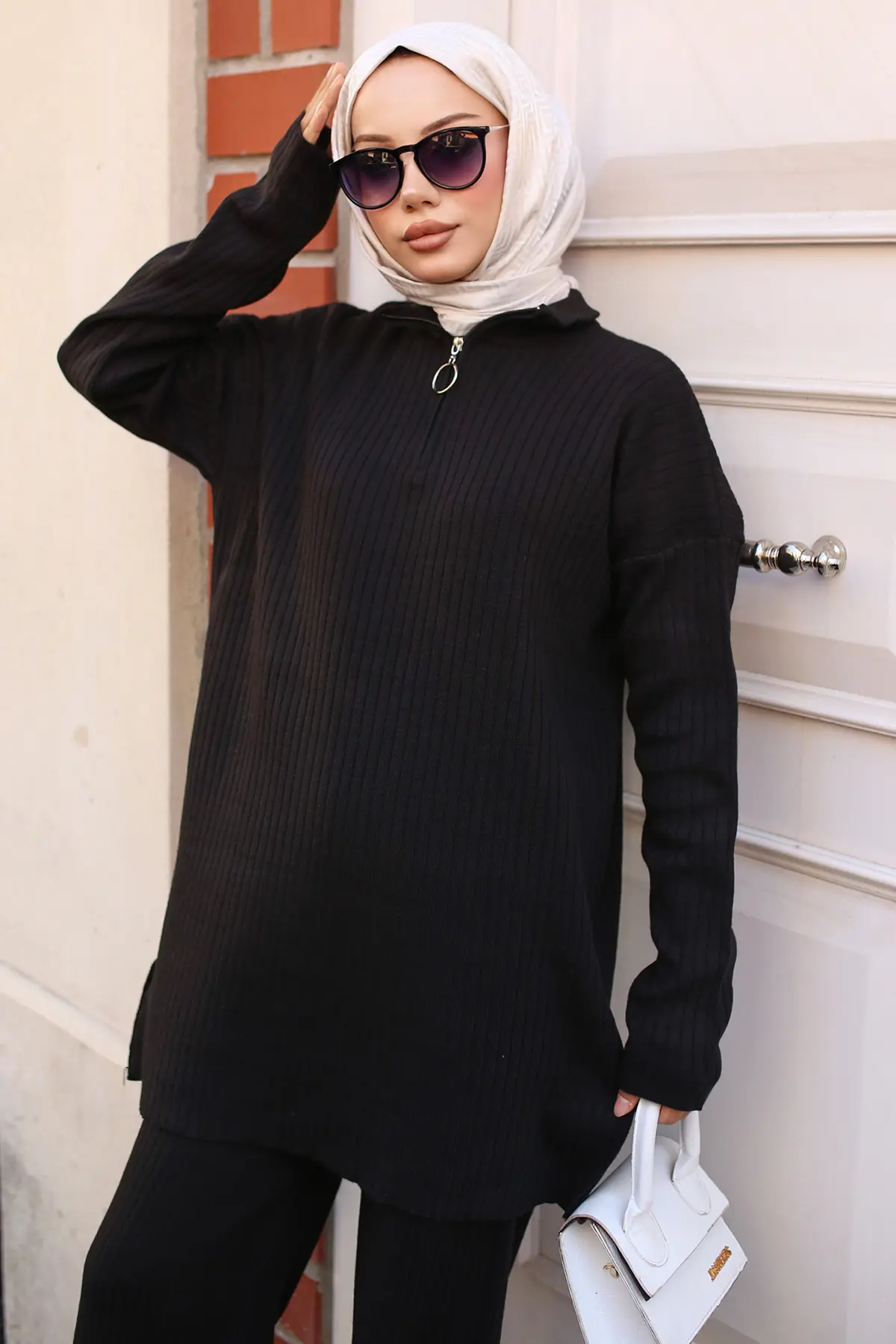 3062 Fermuar Detaylı Fitilli Triko Takım Siyah-detail