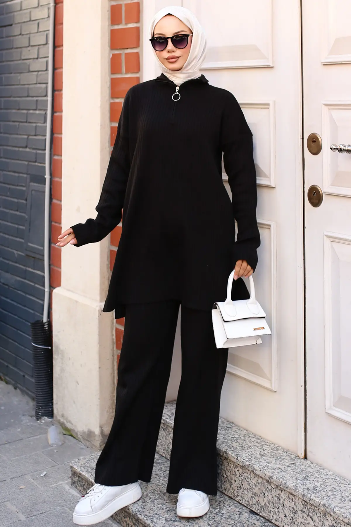 3062 Fermuar Detaylı Fitilli Triko Takım Siyah-detail