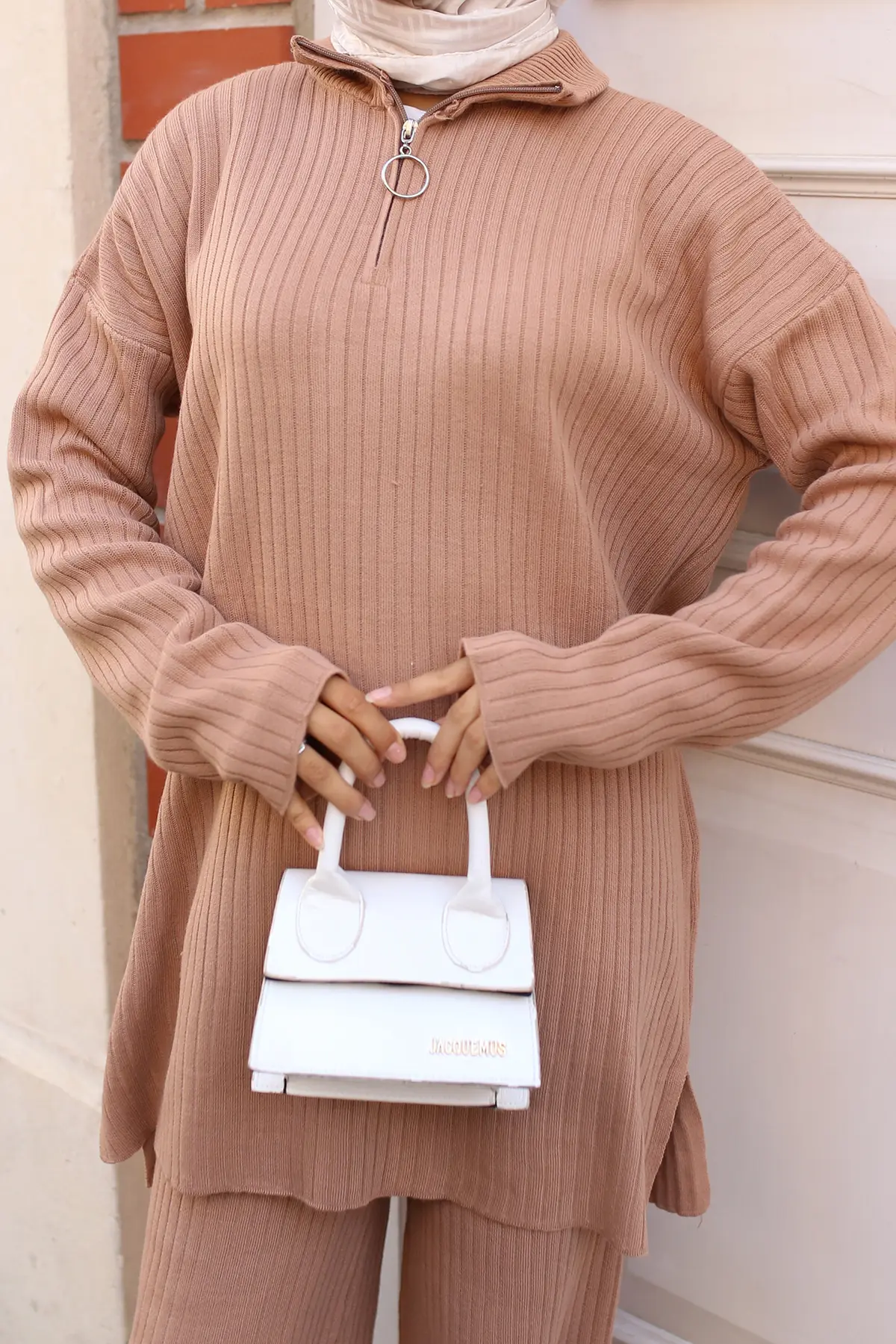 3062 Fermuar Detaylı Fitilli Triko Takım Vizon-detail