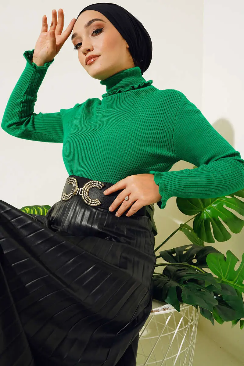 3075 Yaka Ve Kol Ağzı Fırfırlı Triko Bady Yeşil-detail