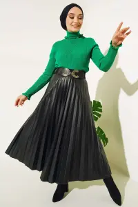 3075 Yaka Ve Kol Ağzı Fırfırlı Triko Bady Yeşil