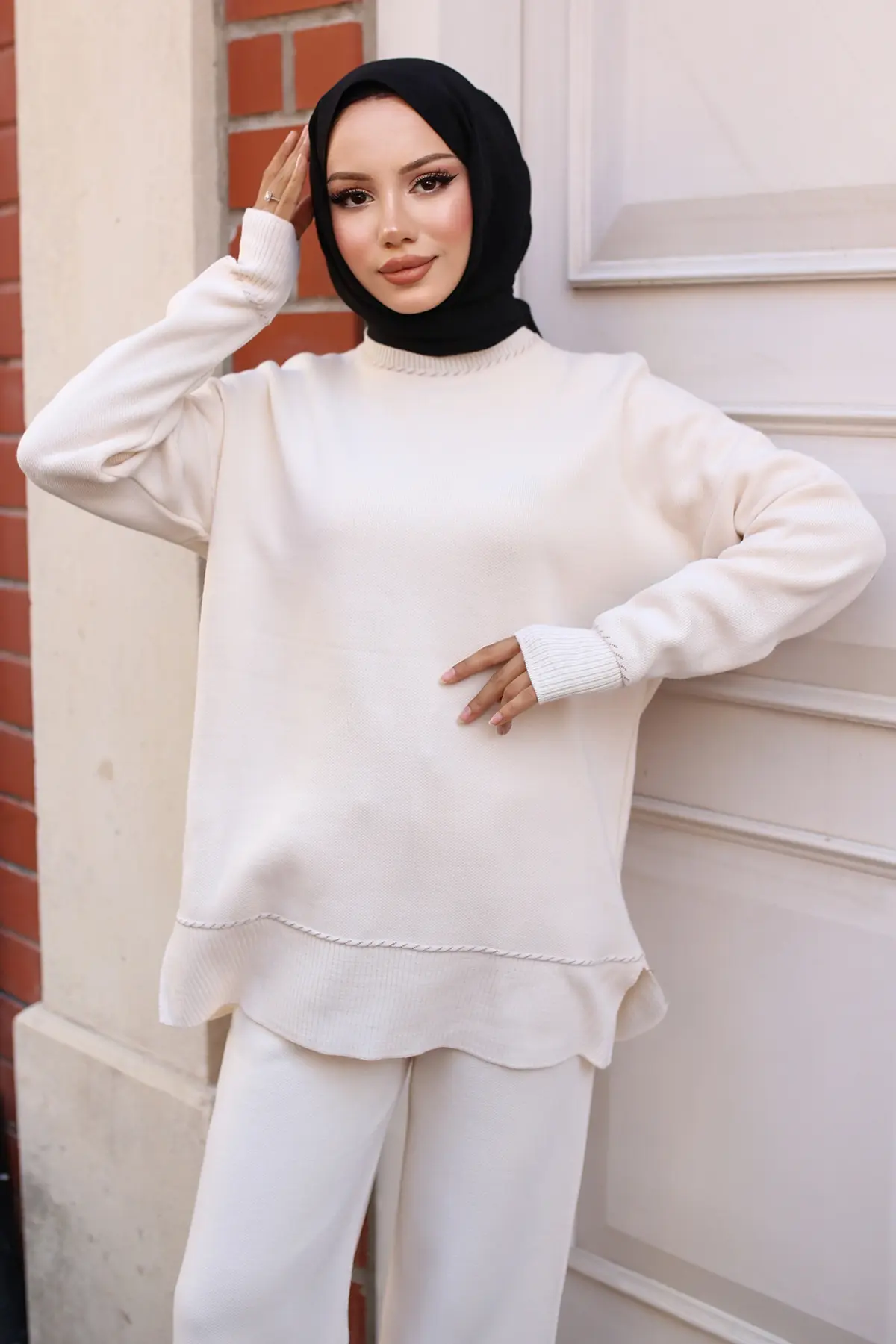 3085 Çizgili Şeritli Triko Takım Ekru-detail